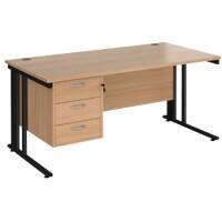 Rectangular Straight Desk Beech Wood Cable Managed Legs Black Maestro 25 1600 x 800 x 725mm 3 Drawer Pedestal