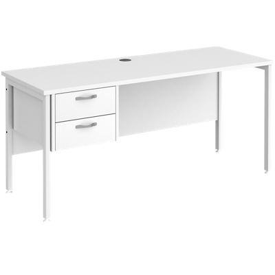 Rectangular Straight Desk White Wood H-Frame Legs White Maestro 25 1600 x 600 x 725mm 2 Drawer Pedestal