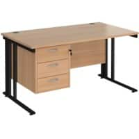 Rectangular Straight Desk Beech Wood Cable Managed Legs Black Maestro 25 1400 x 800 x 725mm 3 Drawer Pedestal