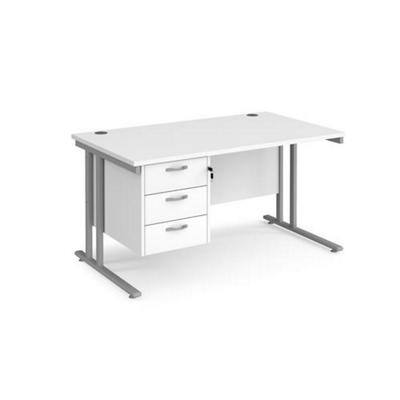 Rectangular Straight Desk with Cantilever Legs White Wood Silver Maestro 25 1400 x 800 x 725mm 3 Drawer Pedestal