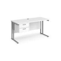 Rectangular Straight Desk White Wood Cantilever Legs Silver Maestro 25 1400 x 600 x 725mm 2 Drawer Pedestal