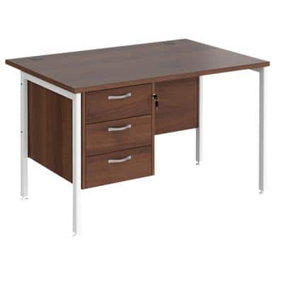 Rectangular Straight Desk Walnut Wood H-Frame Legs White Maestro 25 1200 x 800 x 725mm 3 Drawer Pedestal