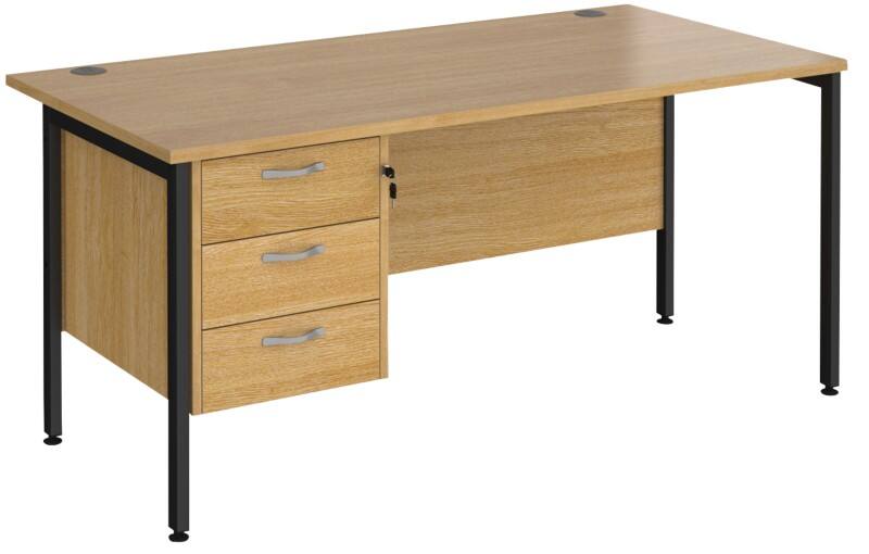 Rectangular Straight Desk Oak Wood H-Frame Legs Black Maestro 25 1600 x 800 x 725mm 3 Drawer Pedestal