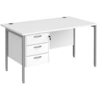 Rectangular Straight Desk White Wood H-Frame Legs Silver Maestro 25 1400 x 800 x 725mm 3 Drawer Pedestal