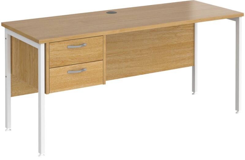 Rectangular Straight Desk Oak Wood H-Frame Legs White Maestro 25 1600 x 600 x 725mm 2 Drawer Pedestal