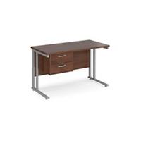 Rectangular Straight Desk Walnut Wood Cantilever Legs Silver Maestro 25 1200 x 600 x 725mm 2 Drawer Pedestal