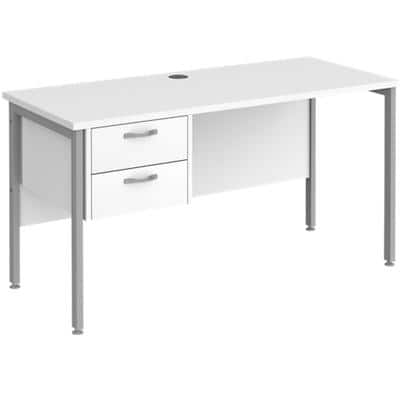 Rectangular Straight Desk White Wood H-Frame Legs Silver Maestro 25 1400 x 600 x 725mm 2 Drawer Pedestal