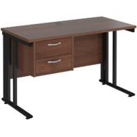 Rectangular Straight Desk Walnut Wood Cable Managed Legs Black Maestro 25 1200 x 600 x 725mm 2 Drawer Pedestal