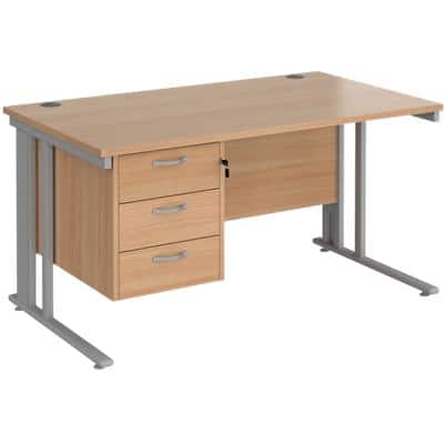 Rectangular Straight Desk Beech Wood Cantilever Legs Silver Maestro 25 1400 x 800 x 725mm 3 Drawer Pedestal