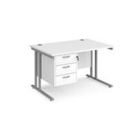 Rectangular Straight Desk with 3 Drawer Pedestal and Cantilelver Legs White Wood Silver Maestro 25 1200 x 800 x 725mm