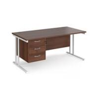 Rectangular Straight Desk with 3 Drawer Pedestal and Cantilelver Legs Walnut Wood White Maestro 25 1600 x 800 x 725mm