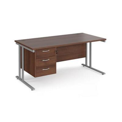 Rectangular Straight Desk with Cantilever Legs Walnut Wood Silver Maestro 25 1600 x 800 x 725mm 3 Drawer Pedestal