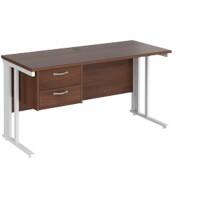 Rectangular Straight Desk Walnut Wood Cable Managed Legs White Maestro 25 1400 x 600 x 725mm 2 Drawer Pedestal