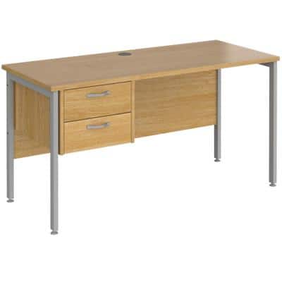 Rectangular Straight Desk Oak Wood H-Frame Legs Silver Maestro 25 1400 x 600 x 725mm 2 Drawer Pedestal