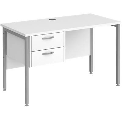 Rectangular Straight Desk White Wood H-Frame Legs Silver Maestro 25 1200 x 600 x 725mm 2 Drawer Pedestal