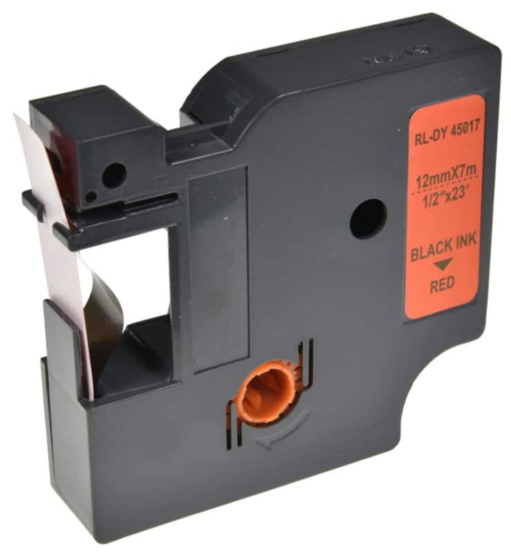 D1 S0720570 / 45017 Compatible Dymo Label Tape Self Adhesive Black Print on Red 12 mm x 7m