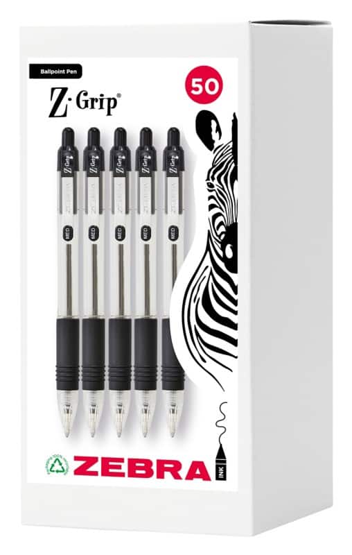 Zebra Z-Grip 2757 Ballpoint Pen Black 0.5 mm Medium Ballpoint Non Refillable Pack of 50