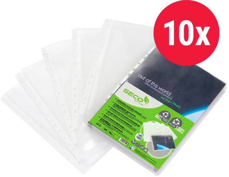 Seco Expanding Punched Pockets  A4 Clear Transparent 170 microns PP (Polypropylene) Top Opening 11 Holes EPP-10 Pack of 10