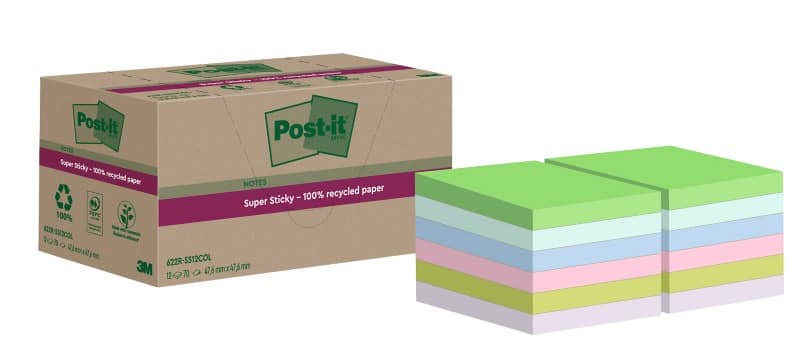 Post-it Super Sticky Recycled Notes 47,6 x 47,6 mm Assorted 70 Sheets Pack of 12 Pads