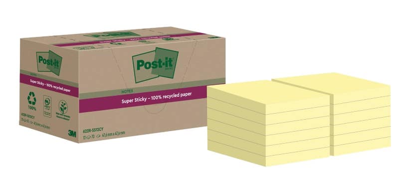 Post-it Super Sticky Recycled Notes 47,6 x 47,6 mm Canary Yellow 70 Sheets Pack of 12 Pads