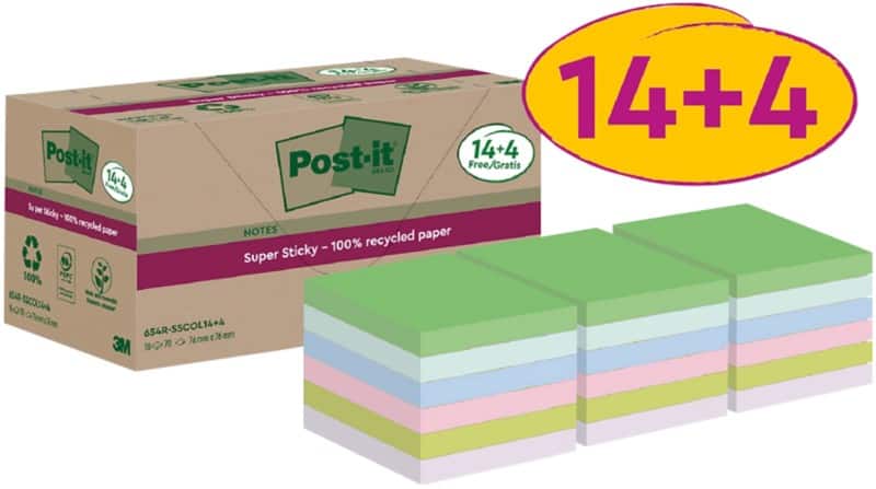 Post-it Super Sticky Recycled Notes 76 x 76 mm Assorted 70 Sheets Value Pack 14 + 4 Free