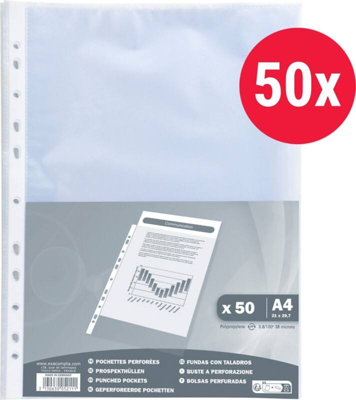 Exacompta Punched Pockets  A4 Orange Peel Transparent 40 microns PP (Polypropylene) Top Opening 5211E Pack of 50