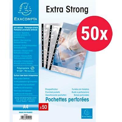 Exacompta Punched Pockets A4 Smooth Transparent 90 Microns PP (Polypropylene) Top Opening 5920E Pack of 50