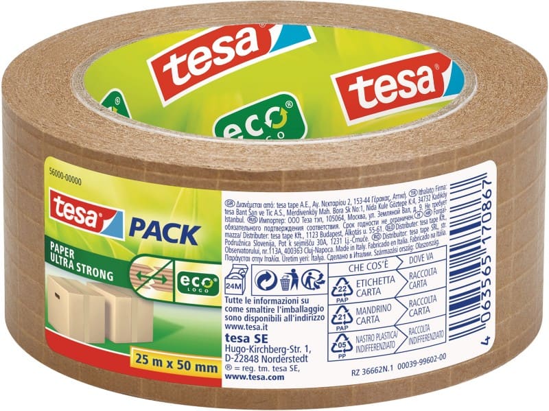 tesa Packaging Tape Low Noise tesapack Paper Ultra Strong Brown 50 mm (W) x 25 m (L) Kraft Paper, Synthetic Rubber