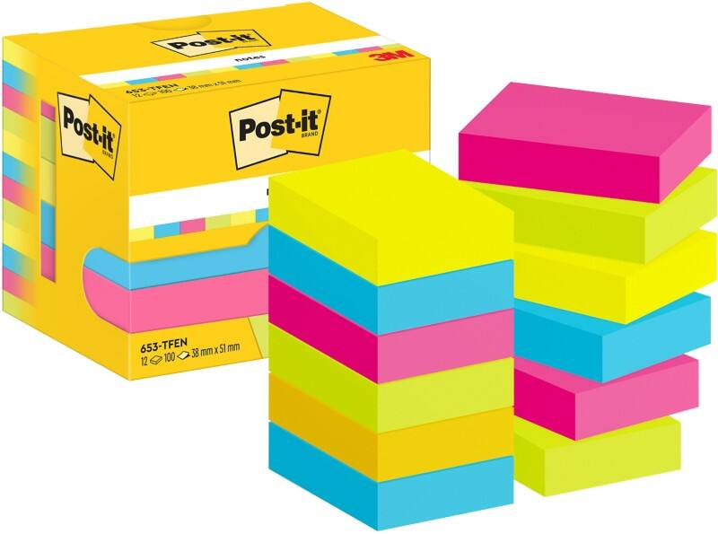 Post-it Sticky Notes 653-TFEN 38 x 51 mm 100 Sheets Per Pad  Blue, Green,  Pink, Yellow Pack of 12