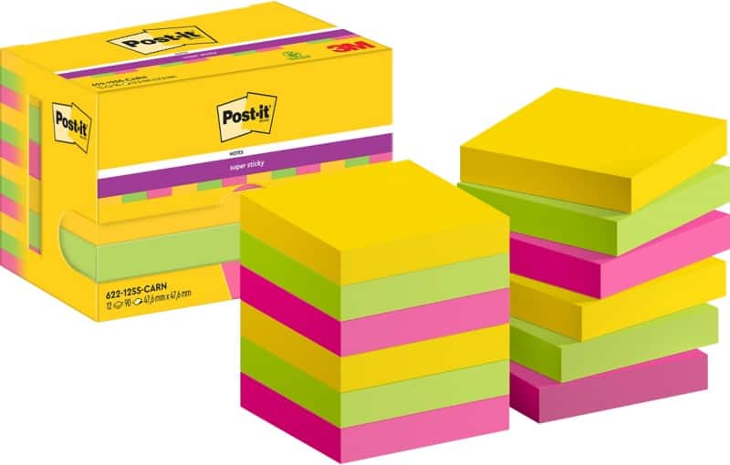 Post-it Super Sticky Notes 622-12SS-CARN 47.6 x 47.6 mm 90 Sheets Per Pad Green, Pink,Yellow Square Plain Pack of 12