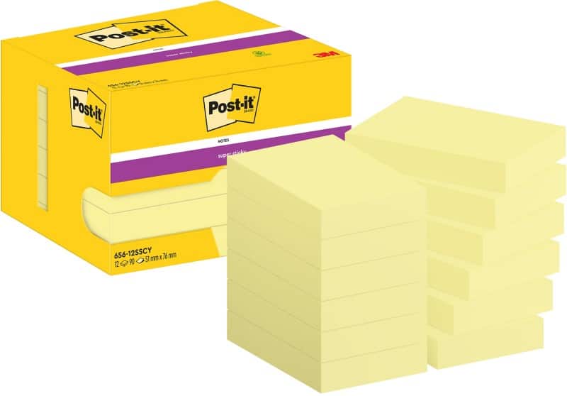 Post-it Super Sticky Notes 656-12SSCY 51 x 76 mm 90 Sheets Per Pad Yellow Rectangle Plain Pack of 12