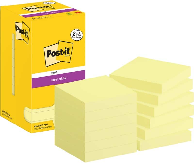 Post-it Super Sticky Notes Square 76 x 76 mm Plain Canary Yellow 654-SSCY-P8+4 90 Sheets Value Pack 8 + 4 Free