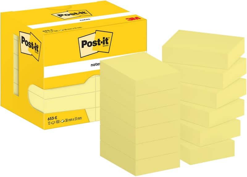 Post-it Sticky Notes 653-E 38 x 51 mm 100 Sheets Per Pad Yellow Pack of 12