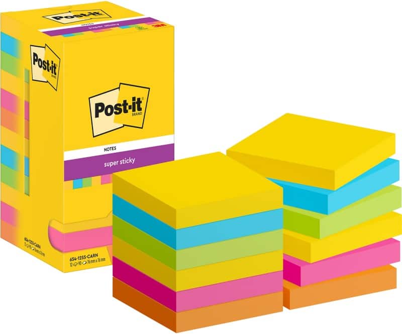 Post-it Super Sticky Notes 654-12SS-CARN 76 x 76 mm 90 Sheets Per Pad Blue, Green, Orange, Pink, Yellow Square Plain Pack of 12