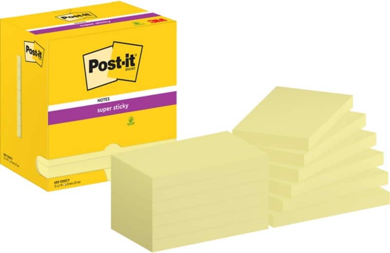 Post-it Super Sticky Notes 655-12SSCY 76 x 127 mm 90 Sheets Per Pad Yellow Rectangle Plain Pack of 12