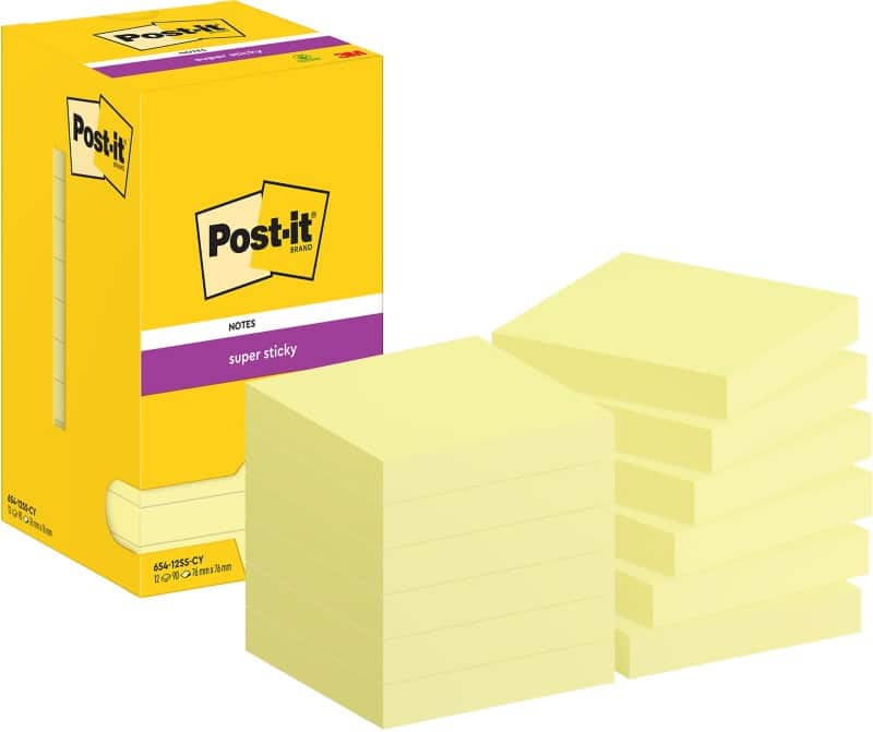Post-it Super Sticky Notes 654-12SS-CY 76 x 76 mm 90 Sheets Per Pad Yellow Square Plain Pack of 12