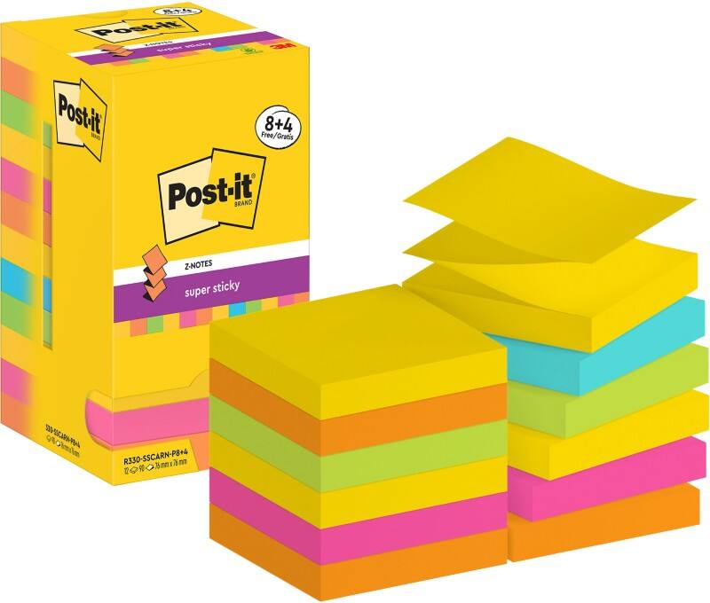 Post-it Super Sticky Z-Notes R330-SSCARN-P8+4 76x 76 mm 90 Sheets Per Pad Blue,Green,Orange,Pink,Yellow Pack of 12 (8+4 free)