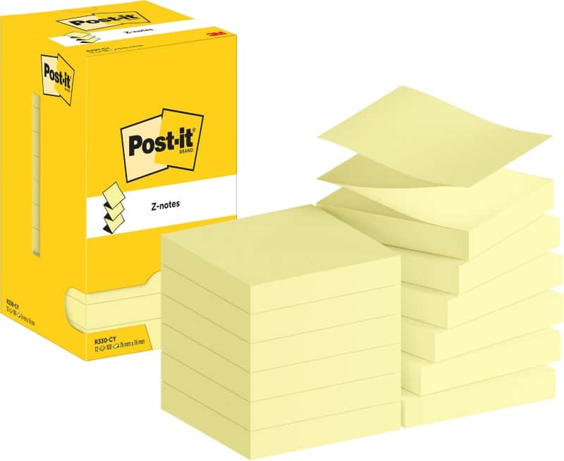 Post-it Sticky Z-Notes R330-CY 76 x 76 mm 100 Sheets Per Pad Yellow Pack of 12