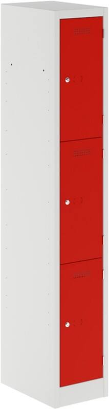 Bisley Primary Steel Locker 3 Doors 1 nest Key lock 300 x 450 x 1,800 mm Light Grey, Cardinal Red