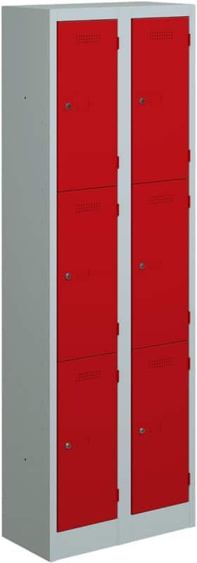 Bisley Primary Steel Locker 3 Doors 2 nests Key lock 600 x 450 x 1,800 mm Light Grey, Cardinal Red