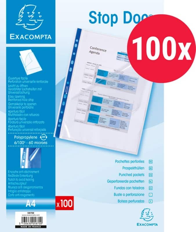 Exacompta STOP DOC Punched Pockets A4 Clear Transparent 60 microns PP (Polypropylene) Top and Left Opening 5870E 100 Pieces