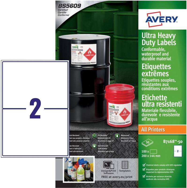 Avery Laser, Inkjet Heavy Duty Labels B7168-50 Adhesive A4 White 200 x 144 mm  100 Sheets of 2 Labels