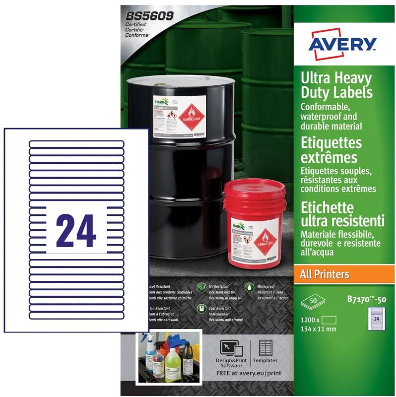 Avery Laser, Inkjet Resistant Labels B7170-50 adhesive A4 White 134 x 11 mm 50 Sheets of 24 Labels