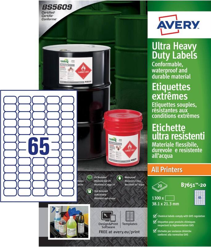 Avery Laser, Inkjet Resistant Labels B7651-20 adhesive A4 White 21 x 38 mm 20 Sheets of 65 Labels