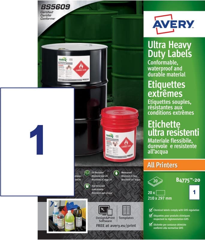 Avery Laser, Inkjet Resistant Labels B4775-20 adhesive A4 White 297 x 210 mm 20 Sheets of 1 Label