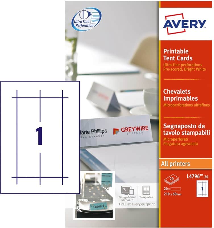 Avery Laser Place Card L4796-20 No A4 White 6 x 21 cm Pack of 20