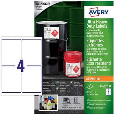Avery Laser, Inkjet Resistant Labels B3483-50 Yes A4 White 148 x 105 mm 200 Sheets of 4 Labels