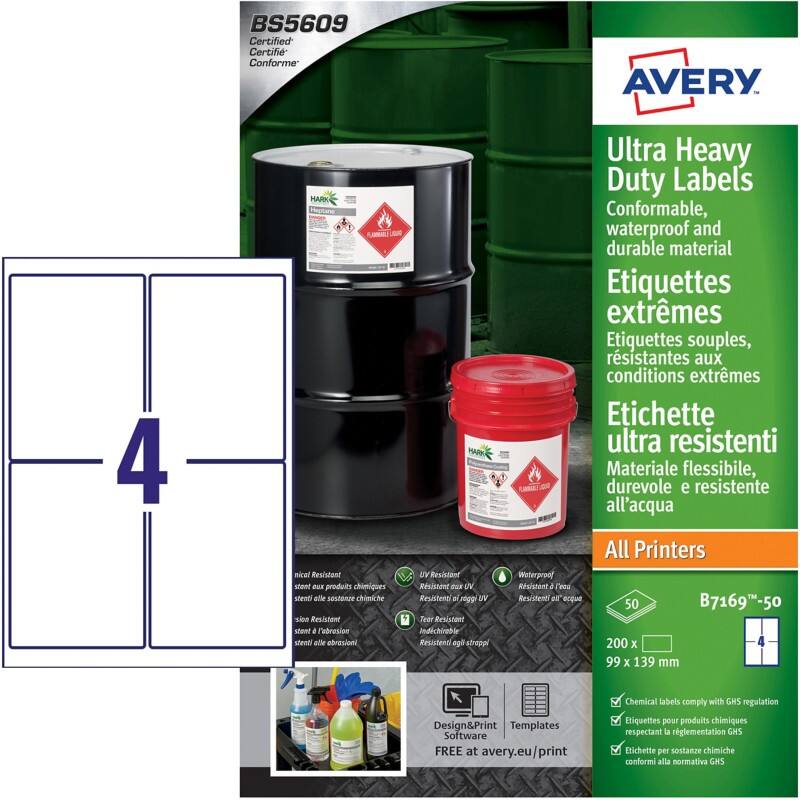Avery Laser, Inkjet Resistant Labels B7169-50 adhesive A4 White 139 x 99 mm 50 Sheets of 4 Labels