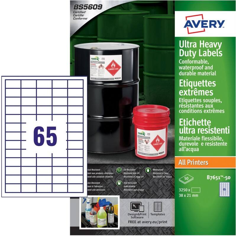 Avery Laser, Inkjet Resistant Labels B7651-50 adhesive A4 White 21 x 38 mm 50 Sheets of 65 Labels