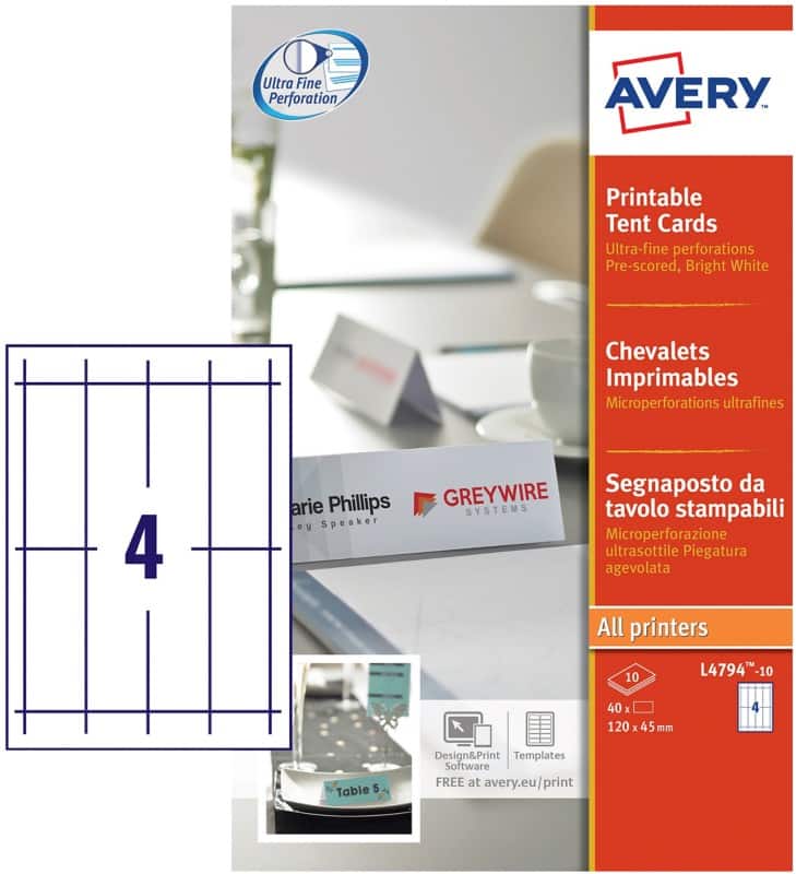 Avery Laser Place Card L4794-10 No A4 White 4.5 x 12 cm Pack of 40